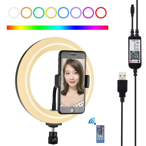 PULUZ 7.9 inch 20cm USB RGB Dimmable LED Dual Color Temperature LED Curved Light Ring Vlogging Selfie Photography Video Lights with Phone Clamp SJMUSICGROUP