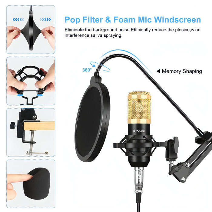 PULUZ Condenser Microphone Studio Broadcast Professional Singing Microphone Kits with Suspension Scissor Arm & Metal Shock Mount & USB Sound Card, Power By 48V SJMUSICGROUP