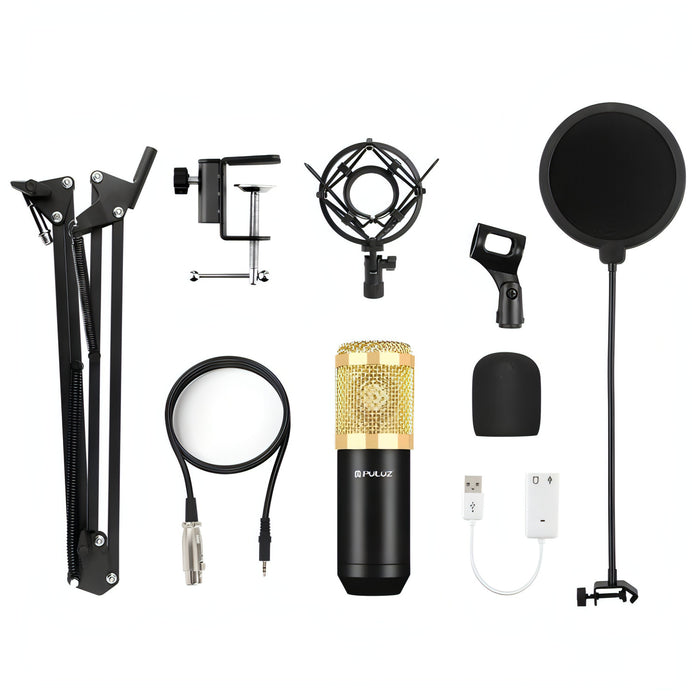 PULUZ Condenser Microphone Studio Broadcast Professional Singing Microphone Kits with Suspension Scissor Arm & Metal Shock Mount & USB Sound Card, Power By 48V SJMUSICGROUP