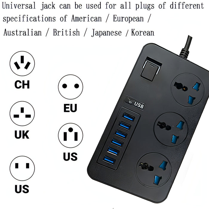 T09 3000W High Power Multi-Function Plug-in 3-Hole International Universal Jack + 6 USB Intelligent Charging SJMUSICGROUP