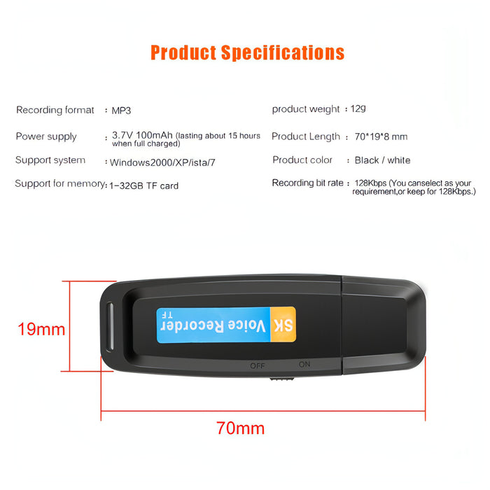 SK001 Professional Rechargeable U-Disk Portable USB Digital Audio Voice Recorder Pen Support TF Card Up to 32GB Dictaphone Flash Drive SJMUSICGROUP